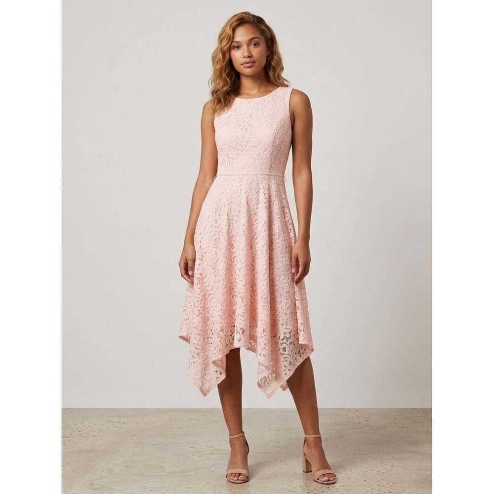 ELLE Lace Dress Women Size M Pink Handkerchief Hem Wedding Guest Floral Elegant